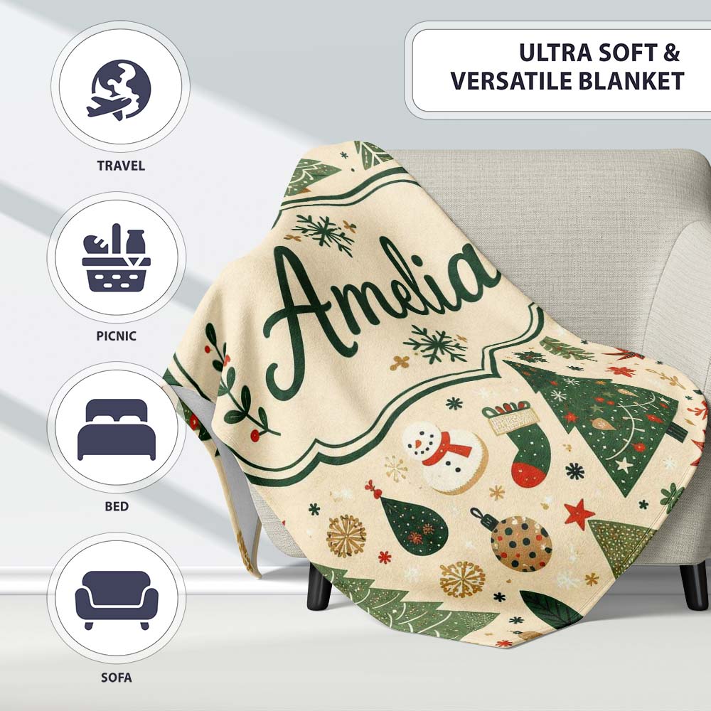 Vintage Christmas Trees Ornaments Snowflakes Festive Seamless Lovely  Personalised Custom Name Super Soft Fleece Blanket Bed Sofa Throw