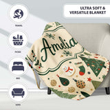 Vintage Christmas Trees Ornaments Snowflakes Festive Seamless Lovely  Personalised Custom Name Super Soft Fleece Blanket Bed Sofa Throw