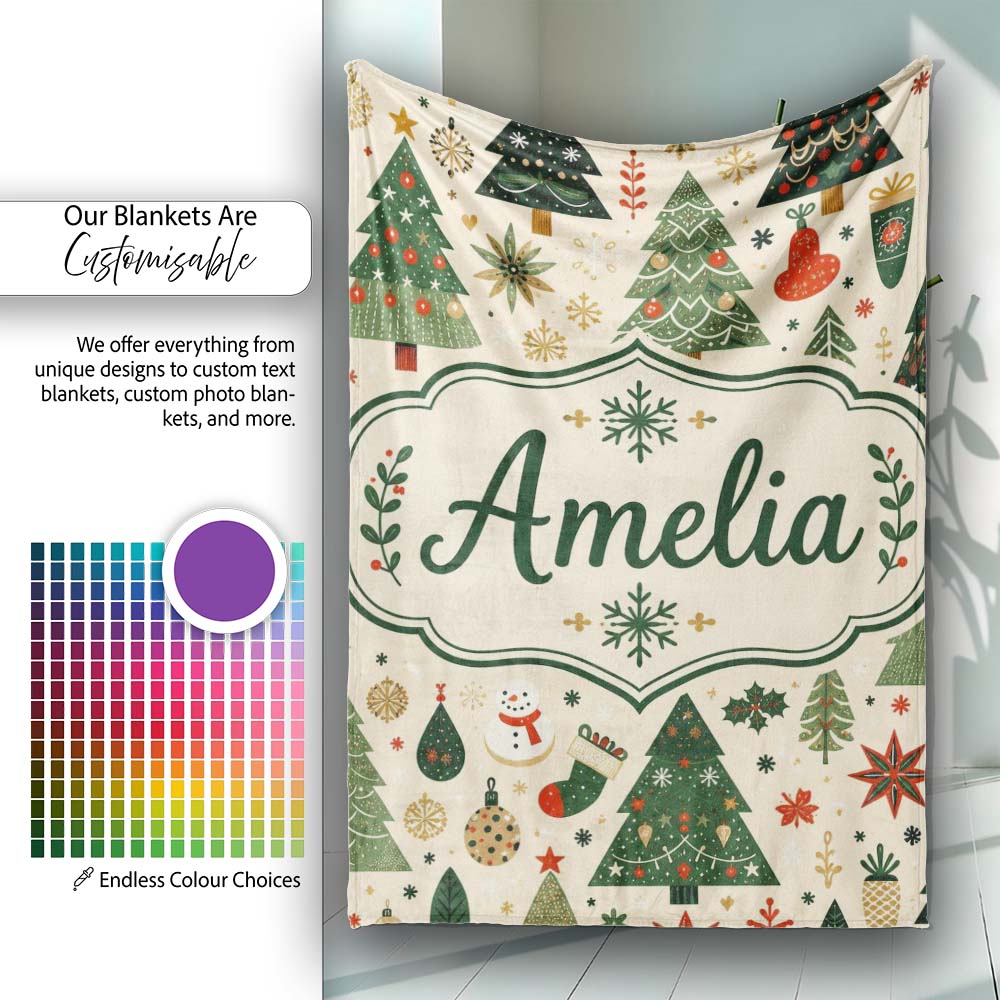 Vintage Christmas Trees Ornaments Snowflakes Festive Seamless Lovely  Personalised Custom Name Super Soft Fleece Blanket Bed Sofa Throw