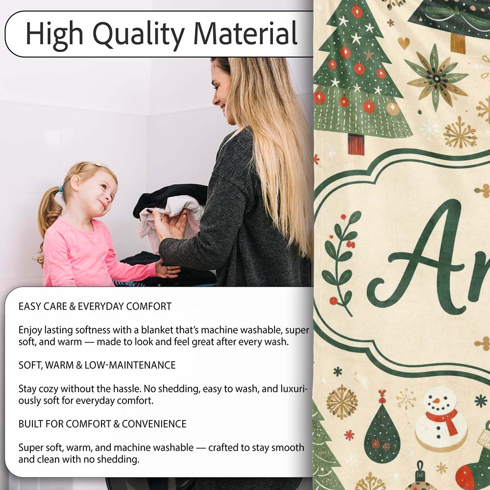 Vintage Christmas Trees Ornaments Snowflakes Festive Seamless Lovely  Personalised Custom Name Super Soft Fleece Blanket Bed Sofa Throw