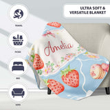 Strawberry Cherry Daisy Seamless Pattern Blue Cute Coquette Floral  Personalised Custom Name Super Soft Fleece Blanket Bed Sofa Throw