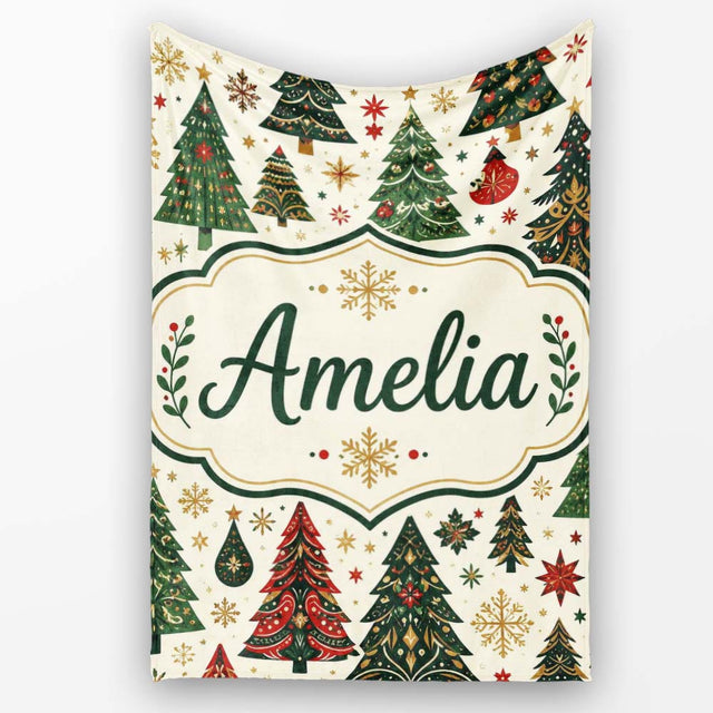 Decorative Christmas Tree Motifs with Snowflakes and Starbursts  Personalised Custom Name Super Soft Fleece Blanket Bed Sofa Throw