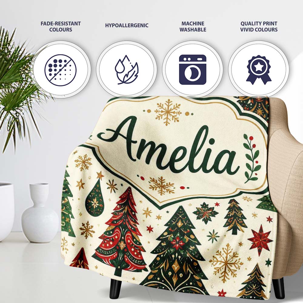 Decorative Christmas Tree Motifs with Snowflakes and Starbursts  Personalised Custom Name Super Soft Fleece Blanket Bed Sofa Throw