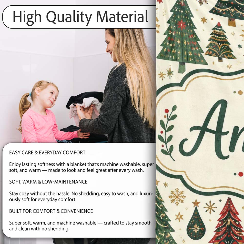 Decorative Christmas Tree Motifs with Snowflakes and Starbursts  Personalised Custom Name Super Soft Fleece Blanket Bed Sofa Throw