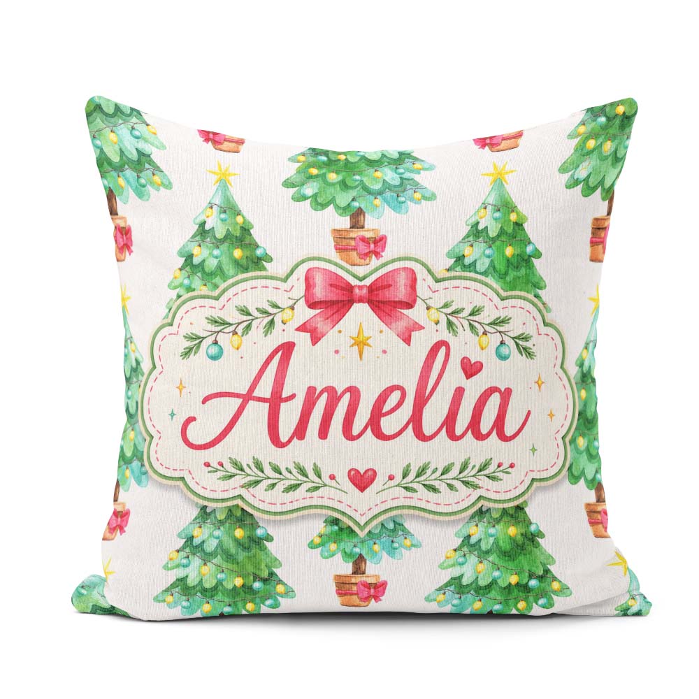 Custom Name Watercolor Trees with Lights and Stars Cute Seamless Square Filled Cushion Throw Pillow Sofa Bed Home Decor Zip Washable UK Made