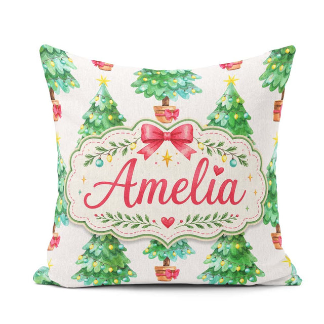 Custom Name Watercolor Trees with Lights and Stars Cute Seamless Square Filled Cushion Throw Pillow Sofa Bed Home Decor Zip Washable UK Made