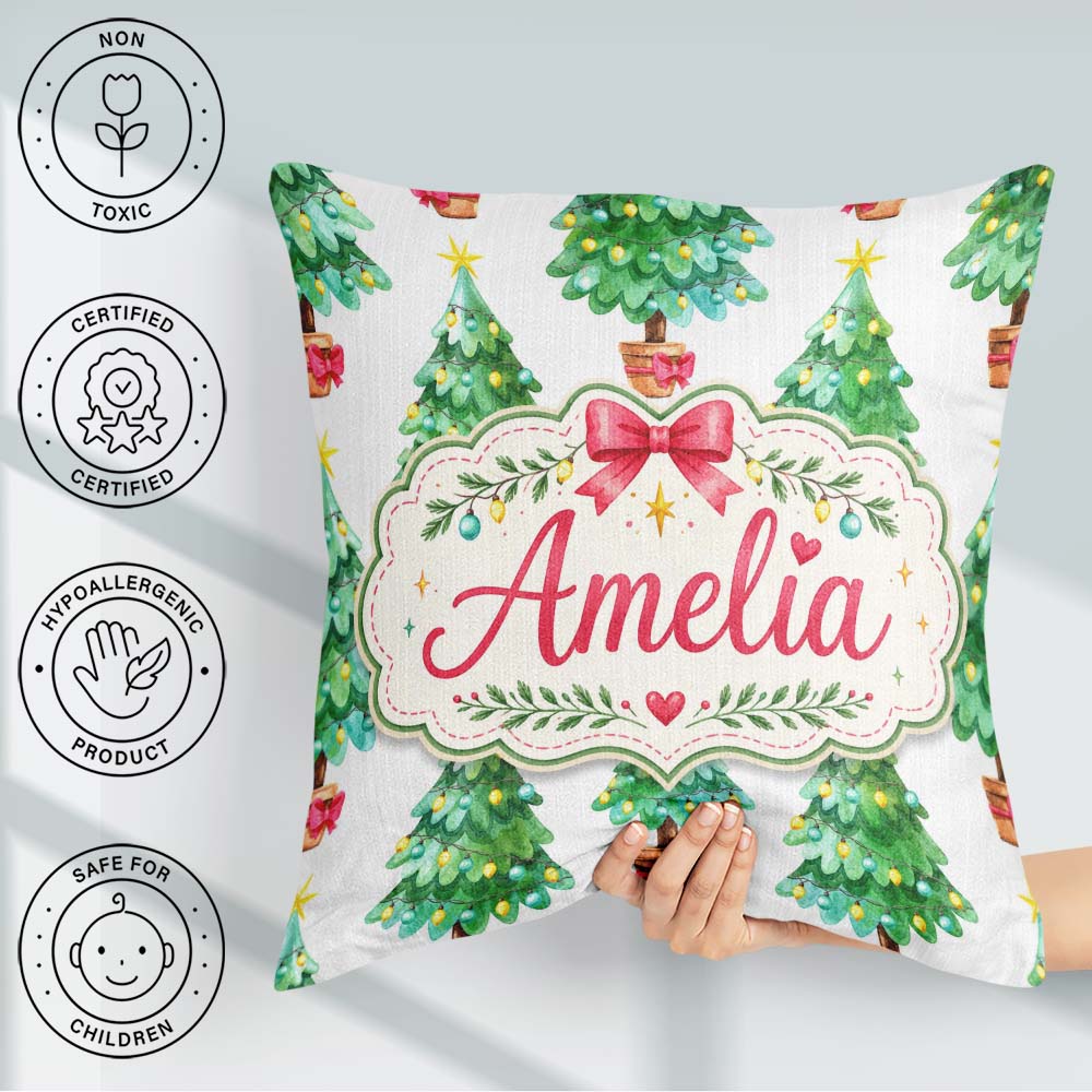 Custom Name Watercolor Trees with Lights and Stars Cute Seamless Square Filled Cushion Throw Pillow Sofa Bed Home Decor Zip Washable UK Made
