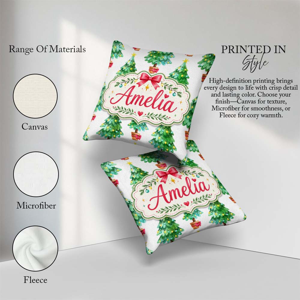 Custom Name Watercolor Trees with Lights and Stars Cute Seamless Square Filled Cushion Throw Pillow Sofa Bed Home Decor Zip Washable UK Made