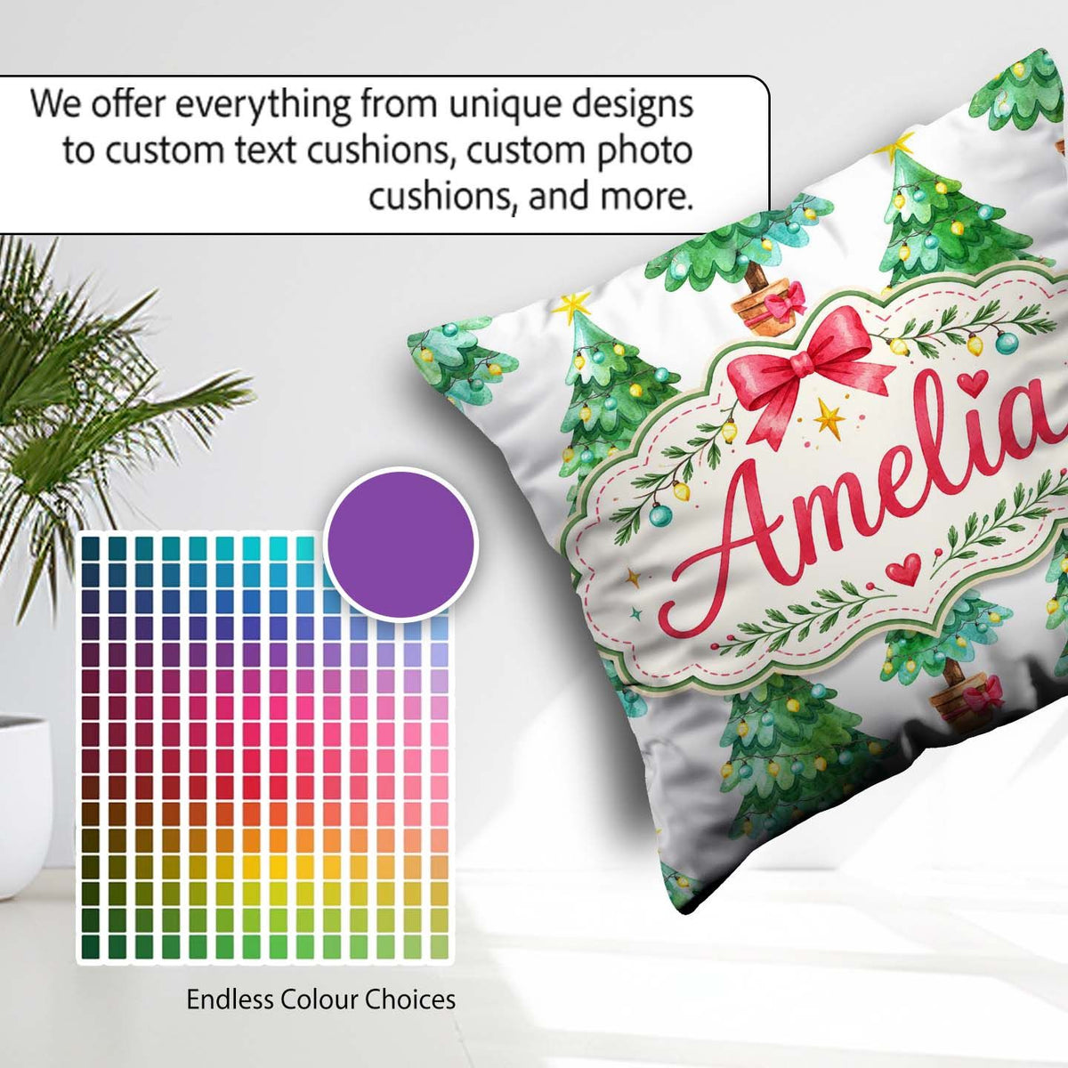 Custom Name Watercolor Trees with Lights and Stars Cute Seamless Square Filled Cushion Throw Pillow Sofa Bed Home Decor Zip Washable UK Made
