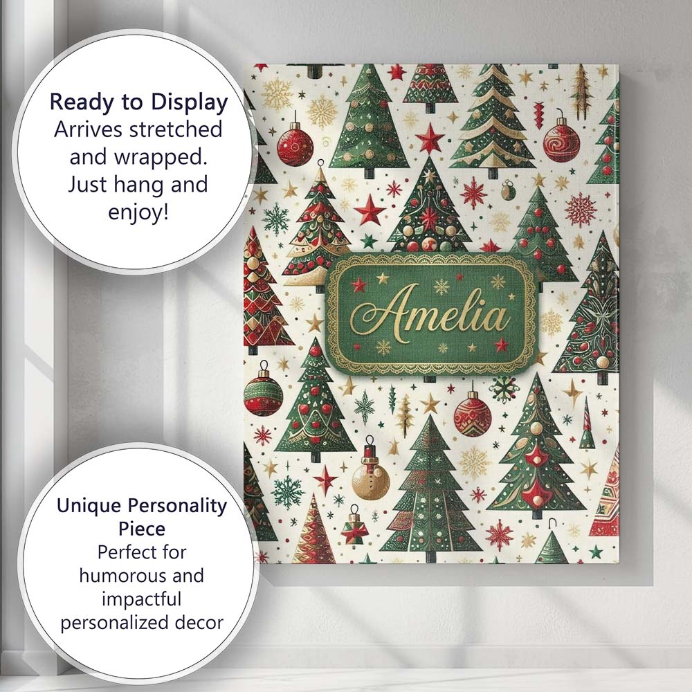 Personalised Name Classic Christmas Tree Custom  Unique Gift Idea Elegant Feature Canvas Wall Art Print Decor Picture Ready to Hang