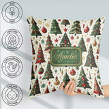 Custom Name Classic Christmas Tree Ornaments and Festive Pattern Square Filled Cushion Throw Pillow Sofa Bed Home Decor Zip Washable UK Made