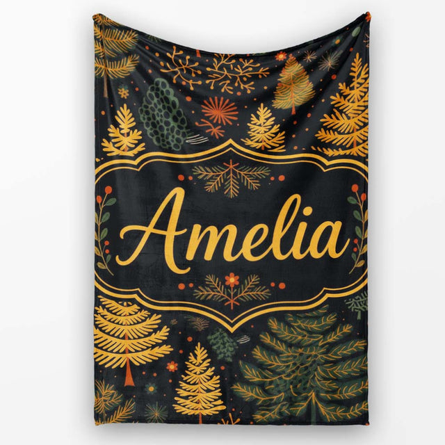 Modern Scandinavian Winter Trees in Gold and Dark Background Lovely  Personalised Custom Name Super Soft Fleece Blanket Bed Sofa Throw