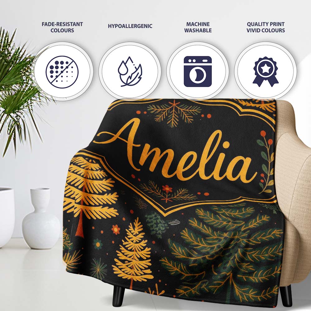 Modern Scandinavian Winter Trees in Gold and Dark Background Lovely  Personalised Custom Name Super Soft Fleece Blanket Bed Sofa Throw