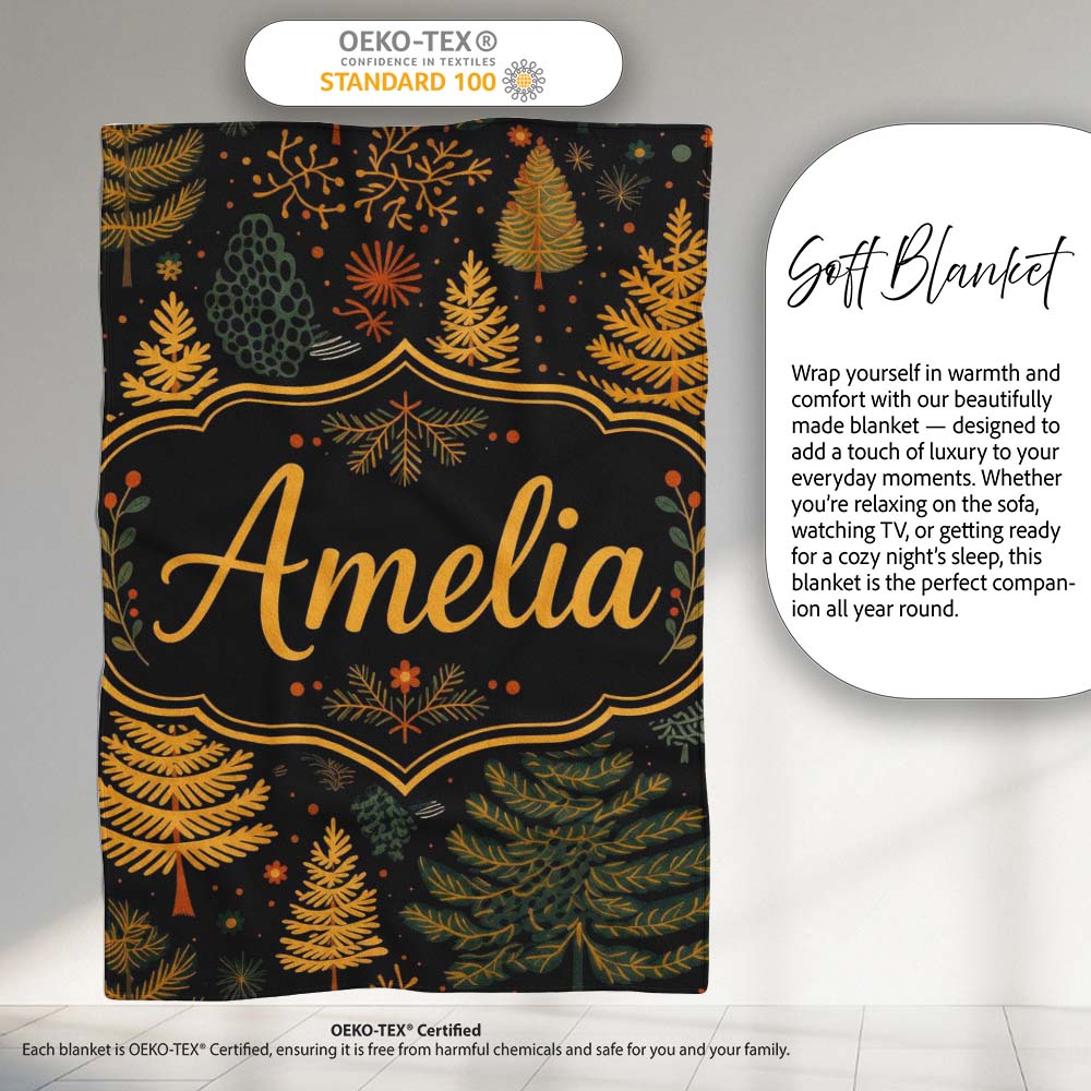 Modern Scandinavian Winter Trees in Gold and Dark Background Lovely  Personalised Custom Name Super Soft Fleece Blanket Bed Sofa Throw