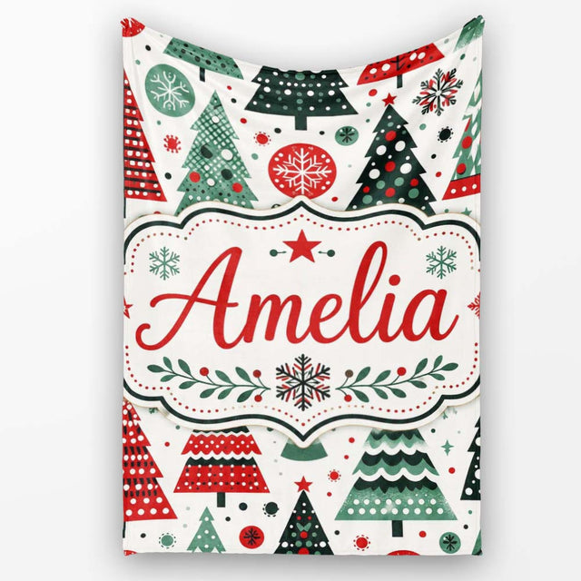Minimal Christmas Trees and Snowflake Shapes in Red Green Style  Personalised Custom Name Super Soft Fleece Blanket Bed Sofa Throw
