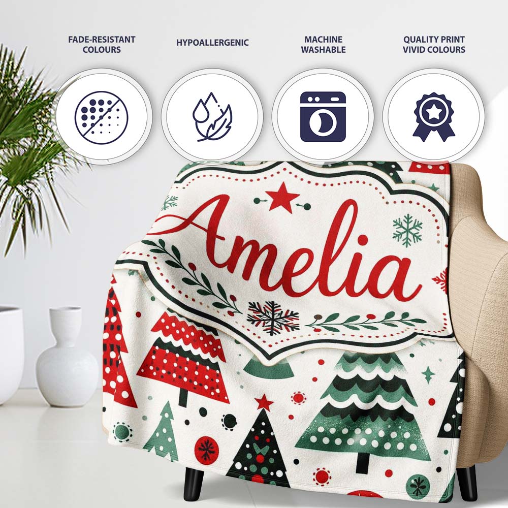 Minimal Christmas Trees and Snowflake Shapes in Red Green Style  Personalised Custom Name Super Soft Fleece Blanket Bed Sofa Throw