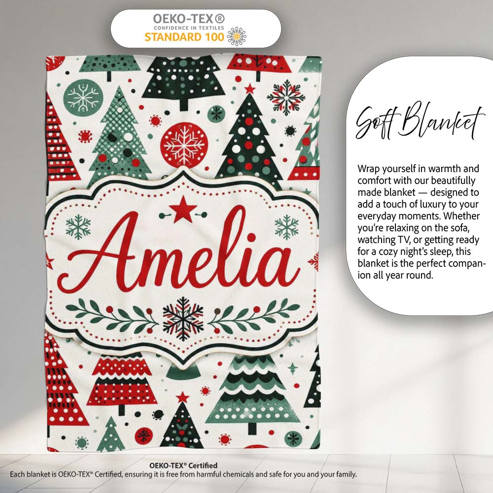 Minimal Christmas Trees and Snowflake Shapes in Red Green Style  Personalised Custom Name Super Soft Fleece Blanket Bed Sofa Throw