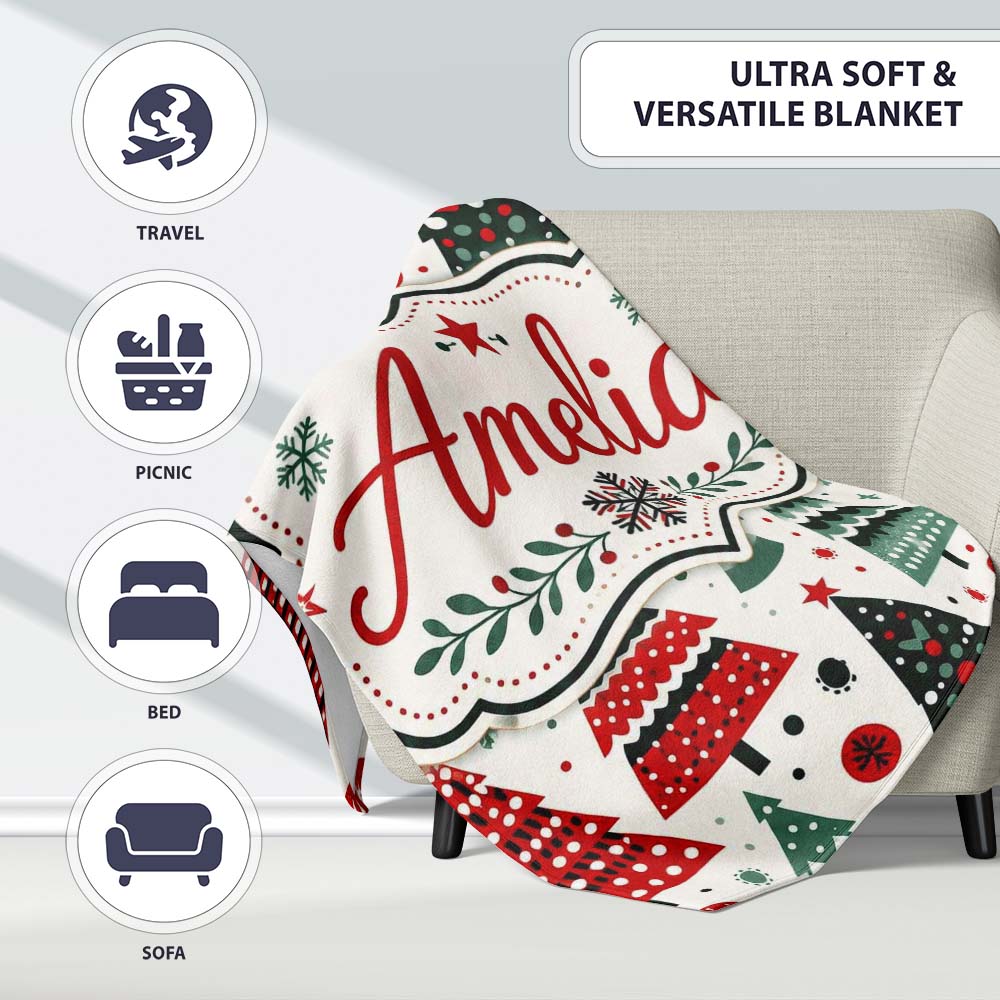 Minimal Christmas Trees and Snowflake Shapes in Red Green Style  Personalised Custom Name Super Soft Fleece Blanket Bed Sofa Throw