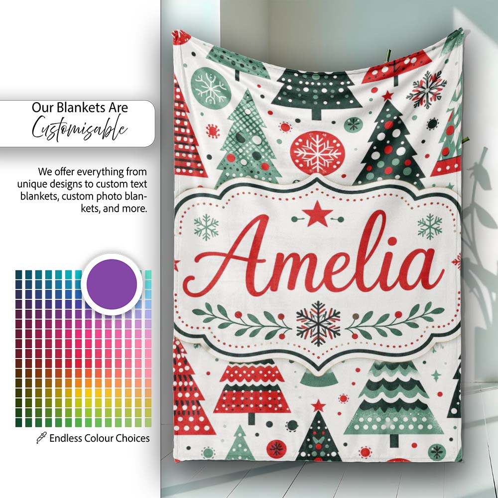 Minimal Christmas Trees and Snowflake Shapes in Red Green Style  Personalised Custom Name Super Soft Fleece Blanket Bed Sofa Throw