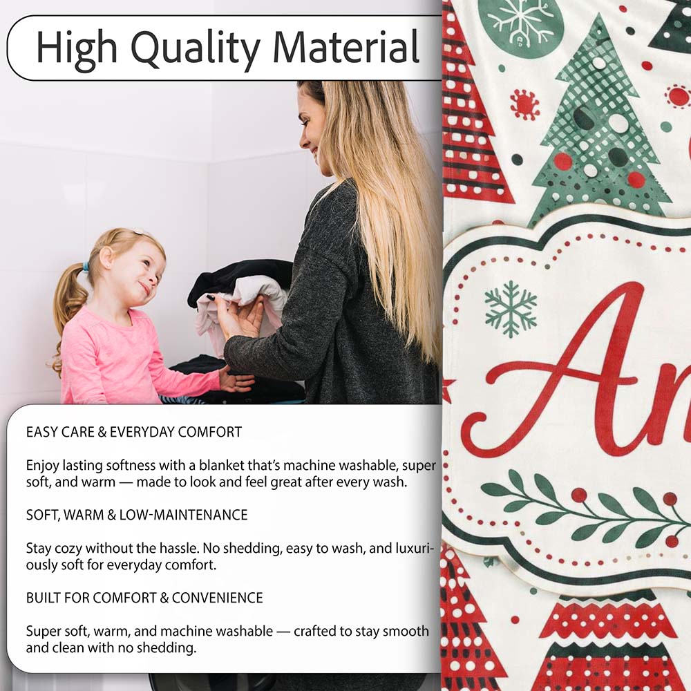 Minimal Christmas Trees and Snowflake Shapes in Red Green Style  Personalised Custom Name Super Soft Fleece Blanket Bed Sofa Throw