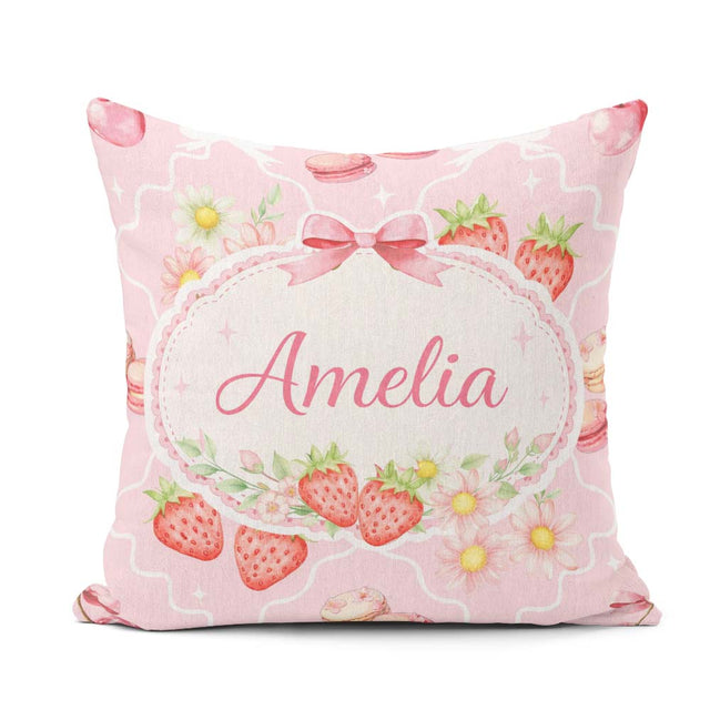 Custom Name Strawberry Cherry Daisy Seamless Blush Pink Coquette Square Filled Cushion Throw Pillow Sofa Bed Home Decor Zip Washable UK Made