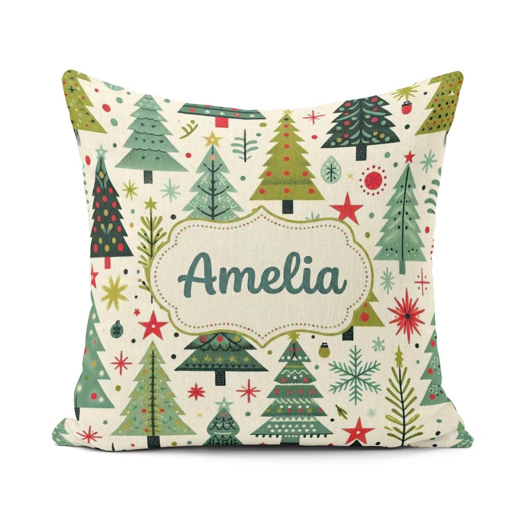Custom Name Scandinavian Trees with Stars Snowflakes and Festive Square Filled Cushion Throw Pillow Sofa Bed Home Decor Zip Washable UK Made