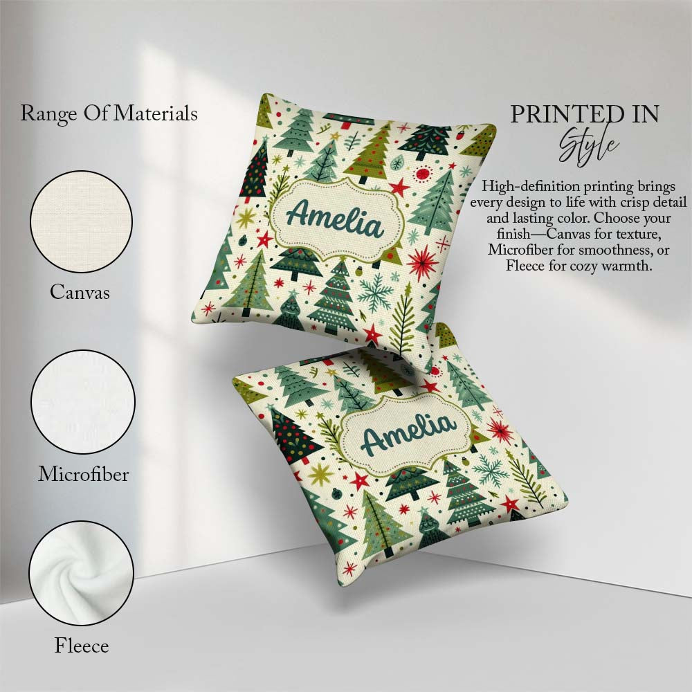 Custom Name Scandinavian Trees with Stars Snowflakes and Festive Square Filled Cushion Throw Pillow Sofa Bed Home Decor Zip Washable UK Made