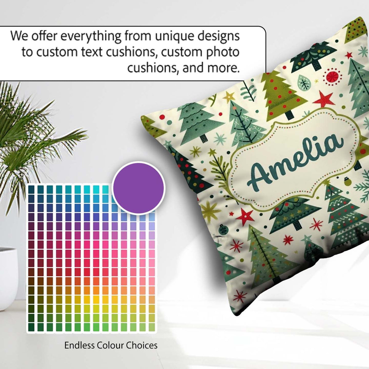 Custom Name Scandinavian Trees with Stars Snowflakes and Festive Square Filled Cushion Throw Pillow Sofa Bed Home Decor Zip Washable UK Made