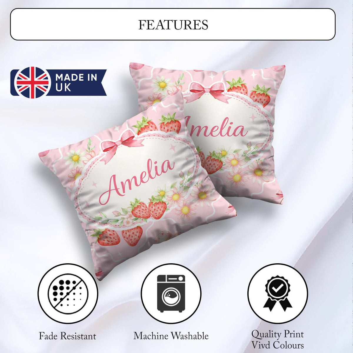 Custom Name Strawberry Cherry Daisy Seamless Blush Pink Coquette Square Filled Cushion Throw Pillow Sofa Bed Home Decor Zip Washable UK Made