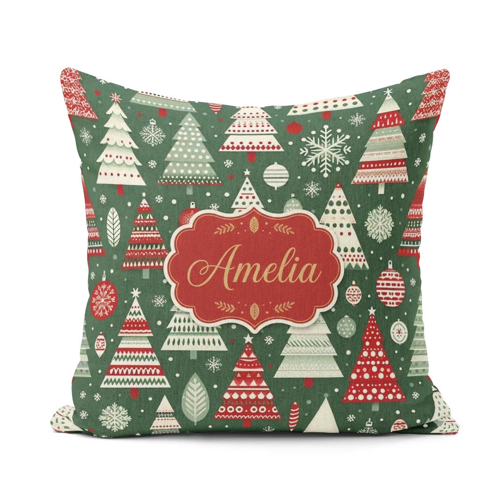 Custom Name Nordic Trees with Ornaments Snowflakes and Red Green Square Filled Cushion Throw Pillow Sofa Bed Home Decor Zip Washable UK Made