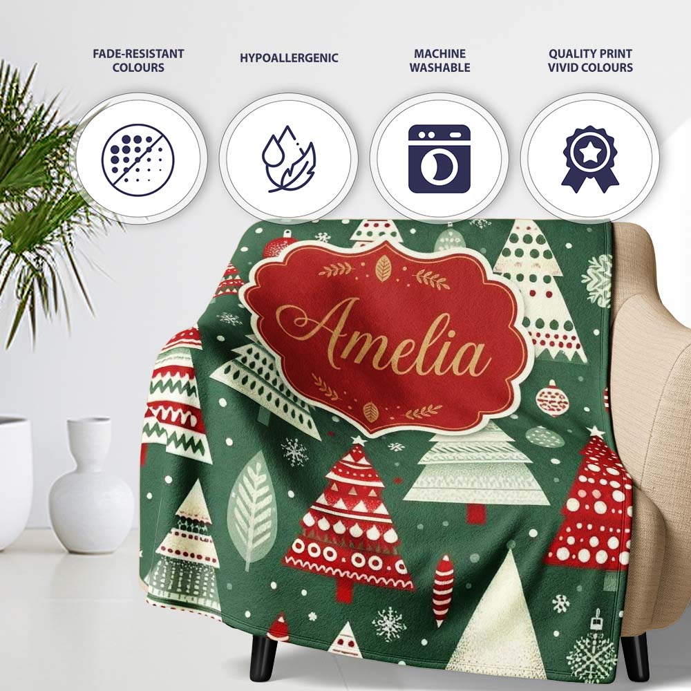 Nordic Holiday Trees with Ornaments Snowflakes and Red Green Decor  Personalised Custom Name Super Soft Fleece Blanket Bed Sofa Throw