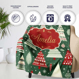 Nordic Holiday Trees with Ornaments Snowflakes and Red Green Decor  Personalised Custom Name Super Soft Fleece Blanket Bed Sofa Throw