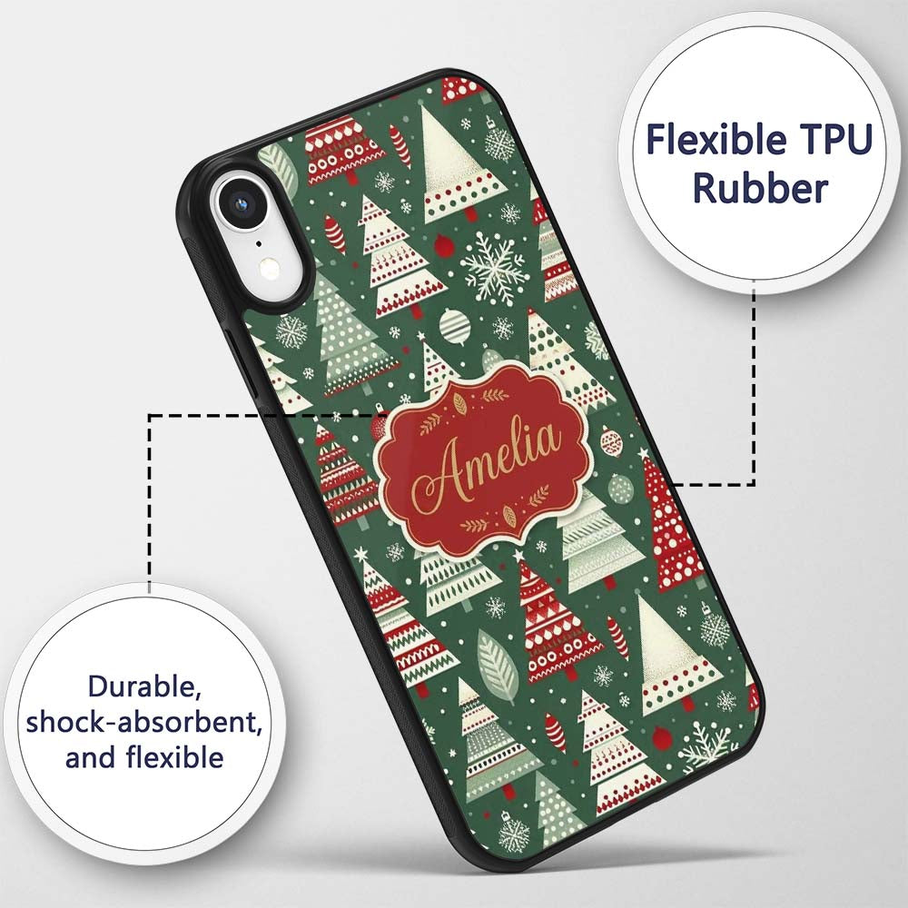 Nordic Holiday Trees with Ornaments Snowflakes Custom Name Protective Phone Case Mobile Cover Durable Everyday Smartphone Shock Resistant