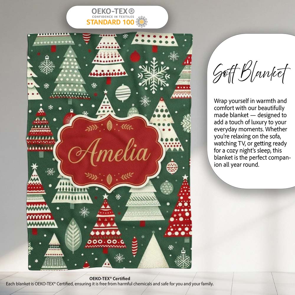 Nordic Holiday Trees with Ornaments Snowflakes and Red Green Decor  Personalised Custom Name Super Soft Fleece Blanket Bed Sofa Throw