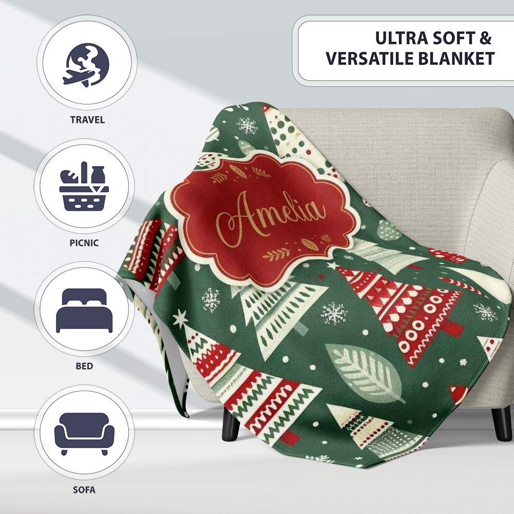 Nordic Holiday Trees with Ornaments Snowflakes and Red Green Decor  Personalised Custom Name Super Soft Fleece Blanket Bed Sofa Throw