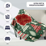 Nordic Holiday Trees with Ornaments Snowflakes and Red Green Decor  Personalised Custom Name Super Soft Fleece Blanket Bed Sofa Throw