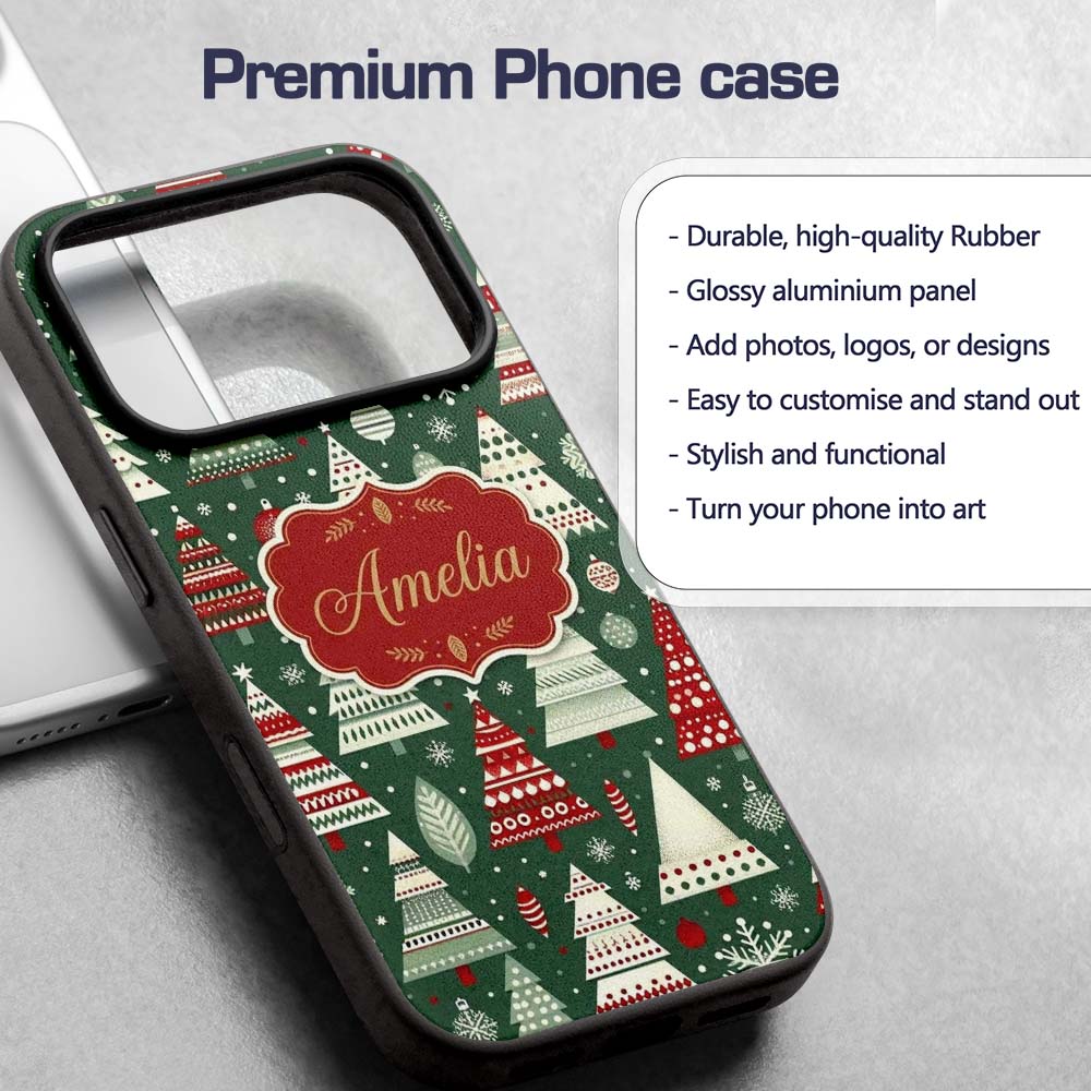 Nordic Holiday Trees with Ornaments Snowflakes Custom Name Protective Phone Case Mobile Cover Durable Everyday Smartphone Shock Resistant
