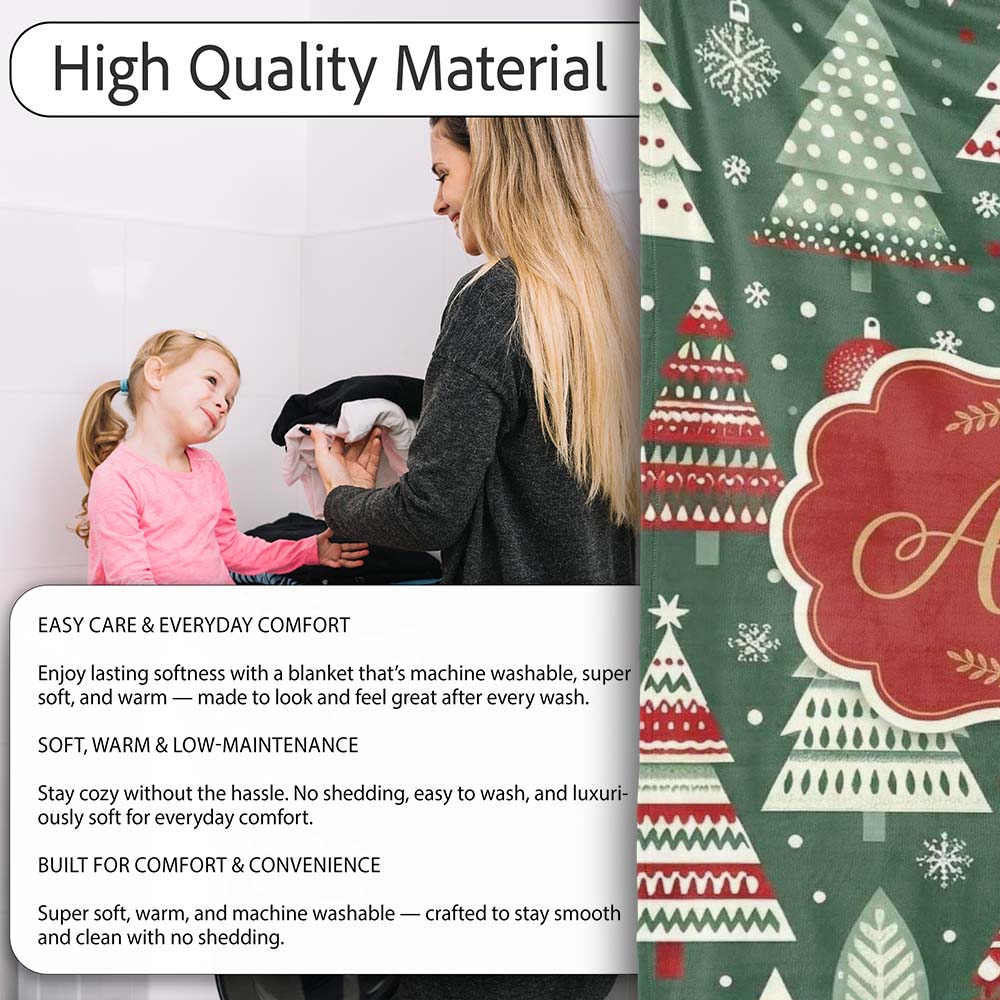 Nordic Holiday Trees with Ornaments Snowflakes and Red Green Decor  Personalised Custom Name Super Soft Fleece Blanket Bed Sofa Throw