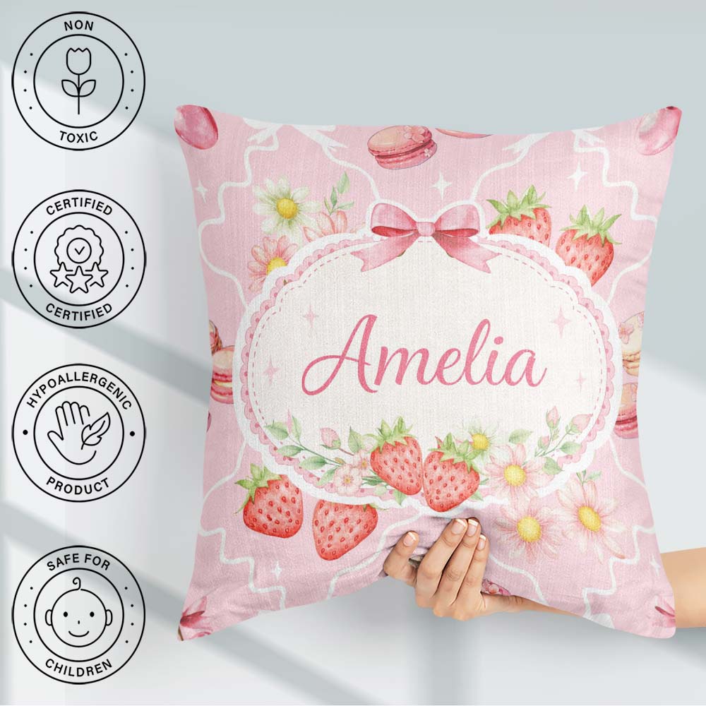 Custom Name Strawberry Cherry Daisy Seamless Blush Pink Coquette Square Filled Cushion Throw Pillow Sofa Bed Home Decor Zip Washable UK Made