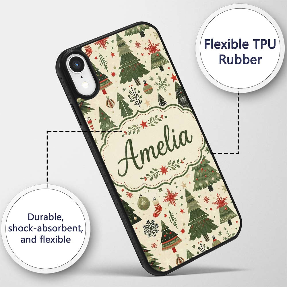 Classic Christmas Tree Illustrations with Baubles Custom Name Protective Phone Case Mobile Cover Durable Everyday Smartphone Shock Resistant