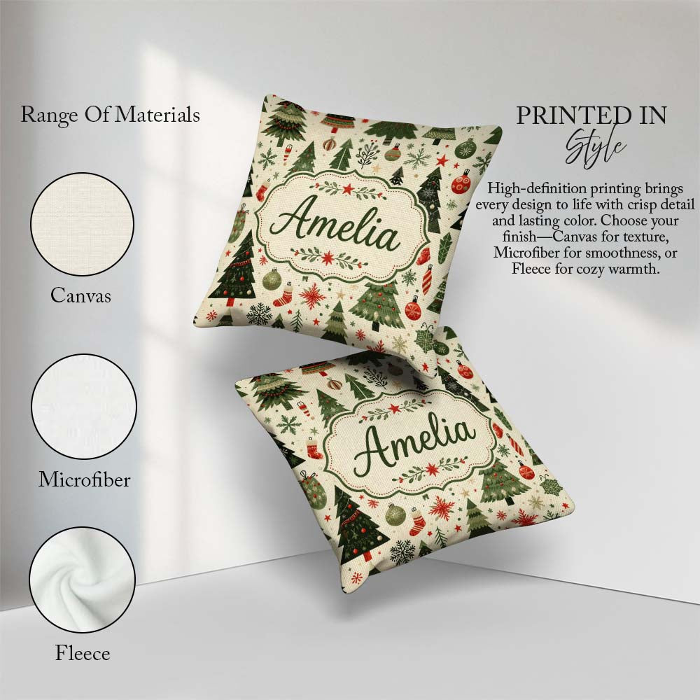 Custom Name Classic Christmas Tree with Baubles Snowflakes and Square Filled Cushion Throw Pillow Sofa Bed Home Decor Zip Washable UK Made