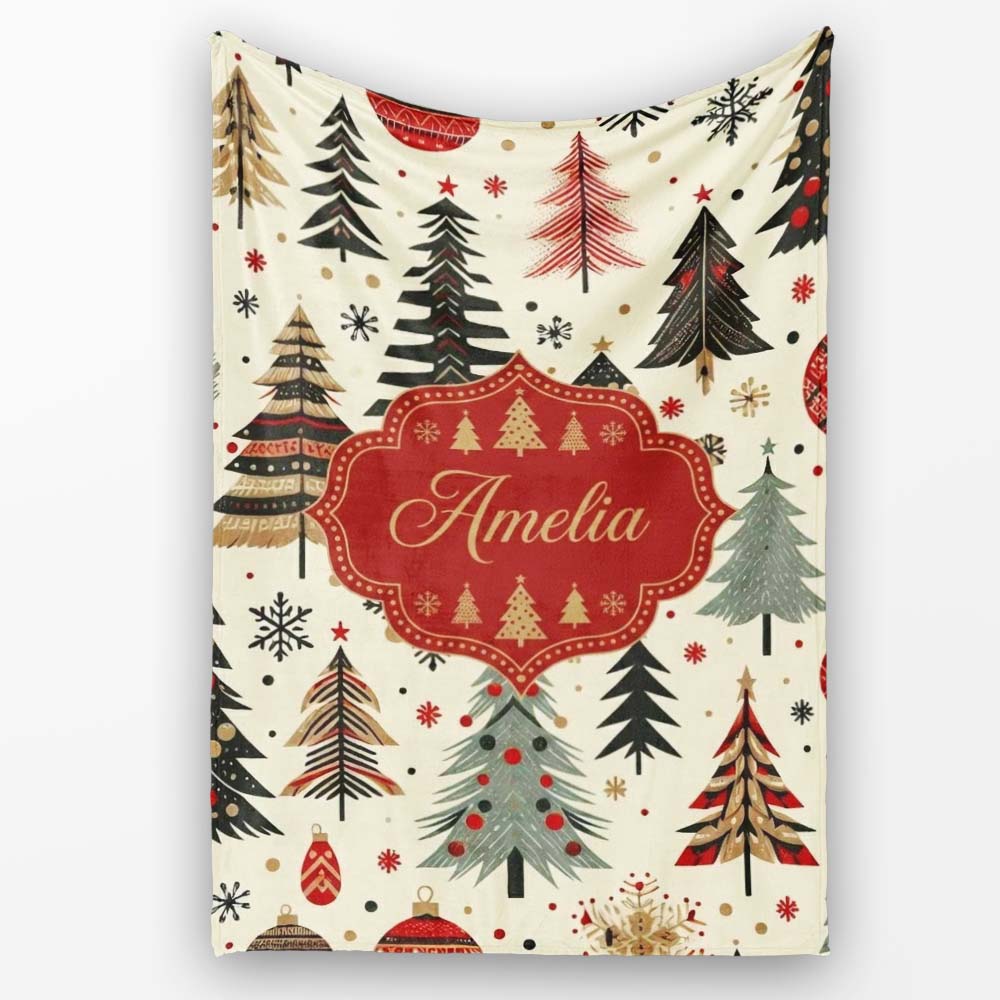 Modern Minimal Christmas Trees with Black Gold Red Accents Seamless  Personalised Custom Name Super Soft Fleece Blanket Bed Sofa Throw