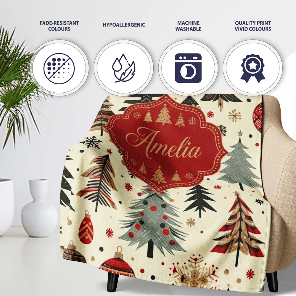 Modern Minimal Christmas Trees with Black Gold Red Accents Seamless  Personalised Custom Name Super Soft Fleece Blanket Bed Sofa Throw