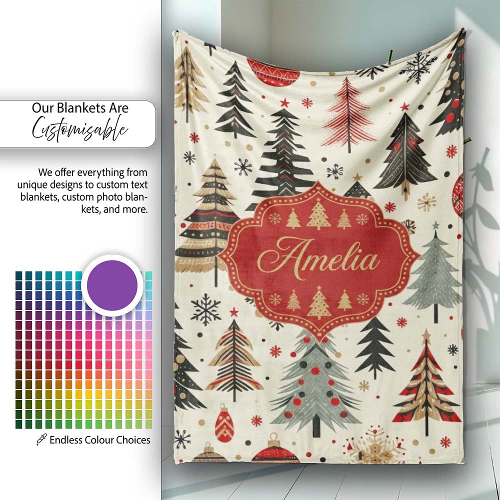 Modern Minimal Christmas Trees with Black Gold Red Accents Seamless  Personalised Custom Name Super Soft Fleece Blanket Bed Sofa Throw