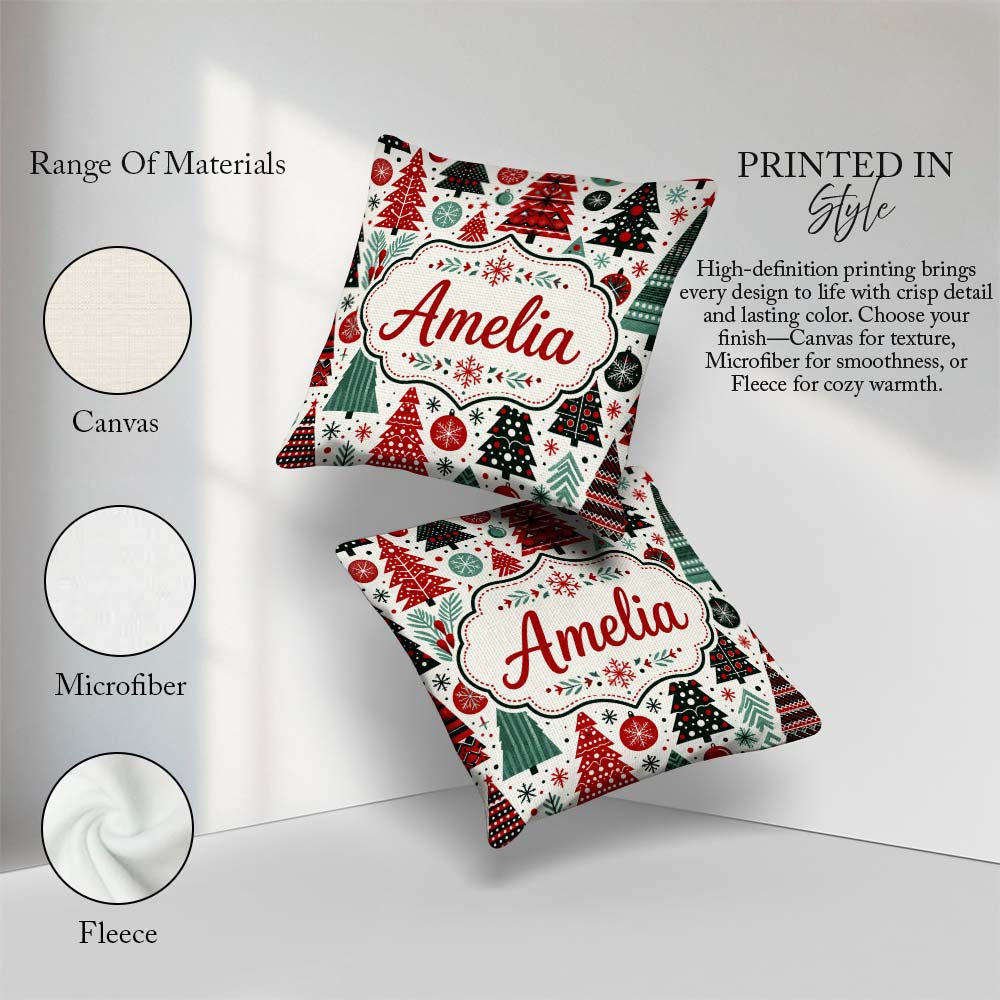 Custom Name Festive Red Green Trees with Snowflakes and Baubles Square Filled Cushion Throw Pillow Sofa Bed Home Decor Zip Washable UK Made