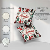 Custom Name Festive Red Green Trees with Snowflakes and Baubles Square Filled Cushion Throw Pillow Sofa Bed Home Decor Zip Washable UK Made