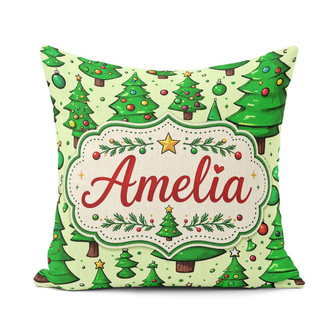 Custom Name Cartoon Style Christmas Trees with and Cute Seamless Square Filled Cushion Throw Pillow Sofa Bed Home Decor Zip Washable UK Made