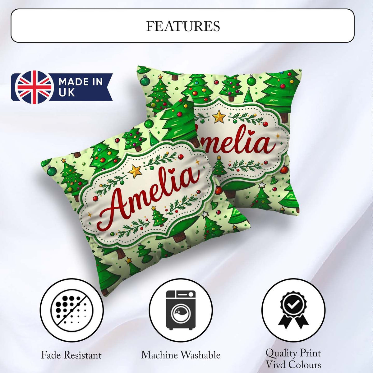 Custom Name Cartoon Style Christmas Trees with and Cute Seamless Square Filled Cushion Throw Pillow Sofa Bed Home Decor Zip Washable UK Made