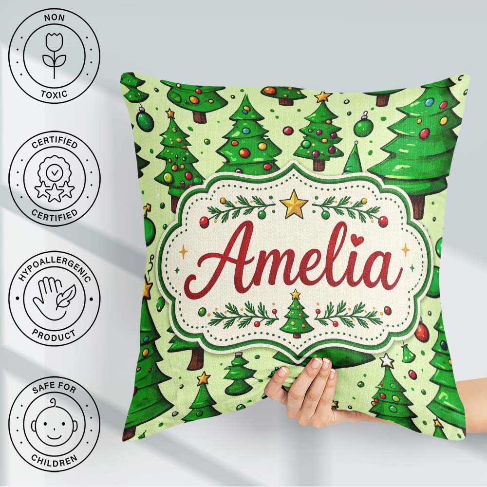 Custom Name Cartoon Style Christmas Trees with and Cute Seamless Square Filled Cushion Throw Pillow Sofa Bed Home Decor Zip Washable UK Made
