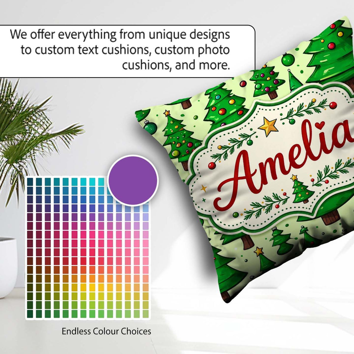 Custom Name Cartoon Style Christmas Trees with and Cute Seamless Square Filled Cushion Throw Pillow Sofa Bed Home Decor Zip Washable UK Made